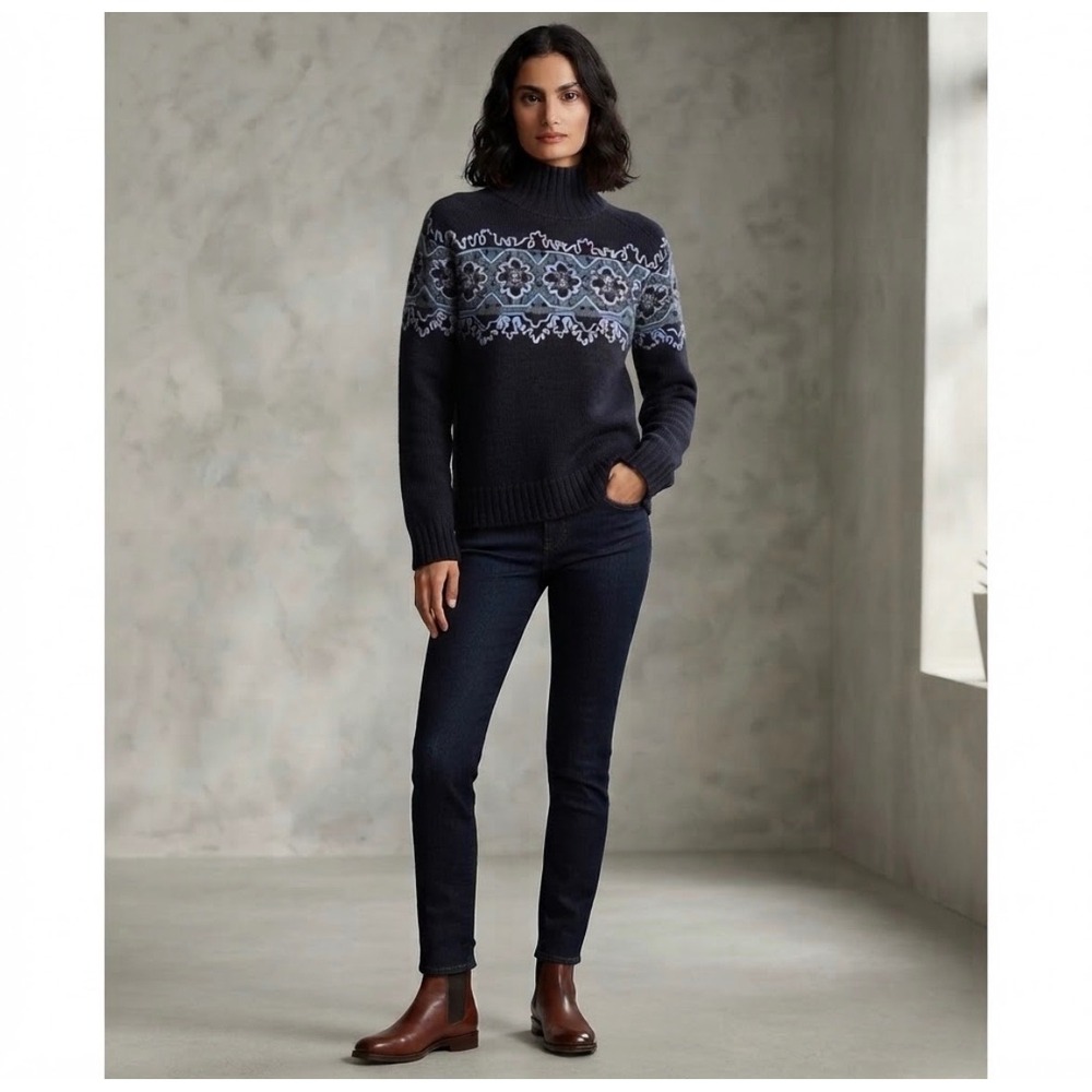 Vintage Sweater Women S Navy Floral Fair Isle Mock Neck Knit WoolBlend Hong Kong